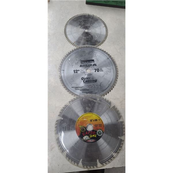 TWO 12" BLADES 70T QUIET CUTTING MAKITA AND 12X60 RAZOR BACK AND ONE RETURNABLE BLADE
