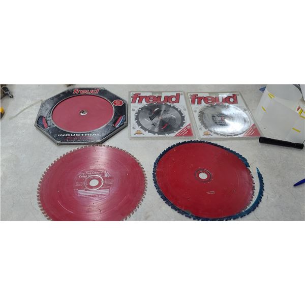 ASSORTMENT OF FREUD BLADES - TWO 7 1/4" AND THREE 12" ULTRA FINE CROSS CUT - LASER CUT BLADE AND SUP