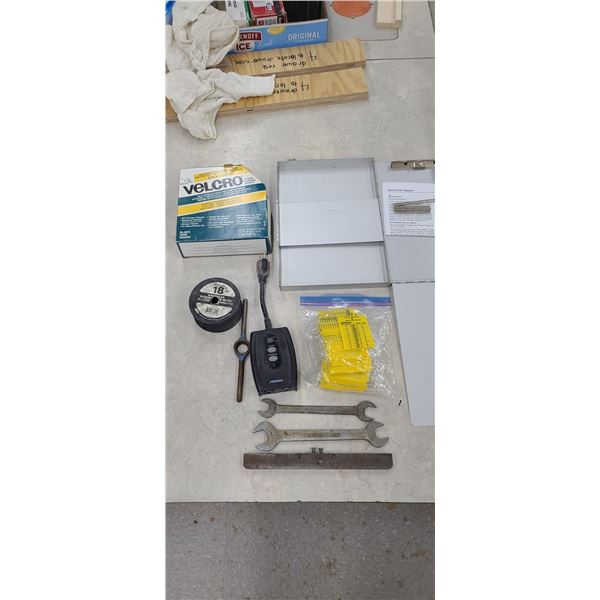 ASSORTED LOT: VELCRO, NOMA TIMER, 18GA MACHINISTS WIRE, FIRE EXTINGUISHER DATA TAGS, WRENCHES ANDCLI