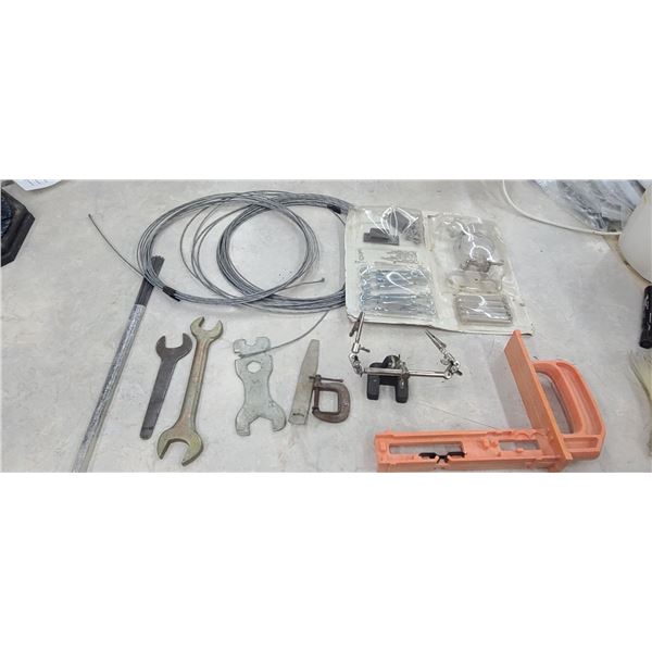 MISC. LOT : SOLDERING STAND, WRENCHES, KITCHEN CABINET TOOL, CABLE AND OTHER PLEASE SEE IMAGES FOR M