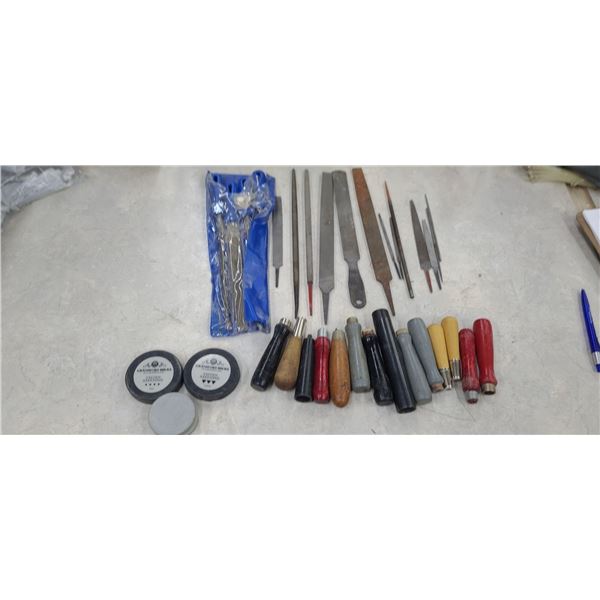 GRANSFORS BRUKS COARSE AND FINE AXE SHARPENING STONE AND ASSORTED FILES