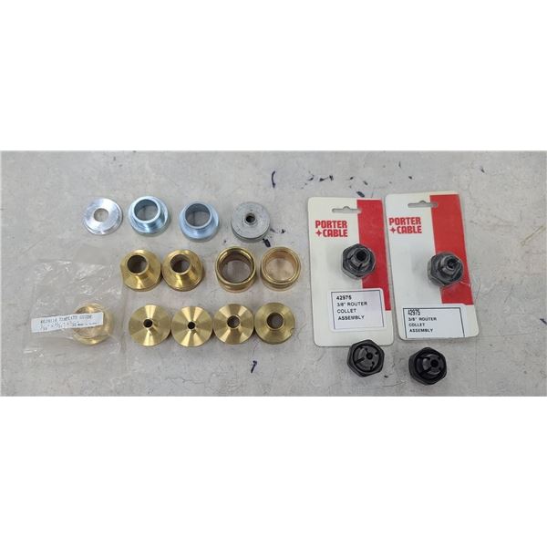 QTY13 VARIOUS TEMPLATE GUIDES AND TWO 3/8" AND TWO 1/4" PORTER CABLE ROUTER COLLETS