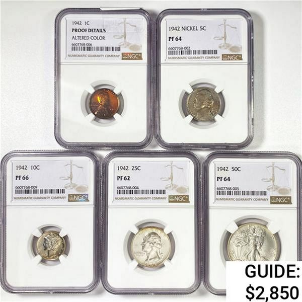 1942 Proof Set [5] 1C, 5C, 10C, 25C, 50C NGC