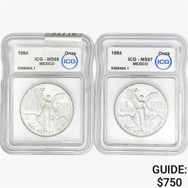 [2]1984 1oz Silver Mexico Onza ICG MS66-67