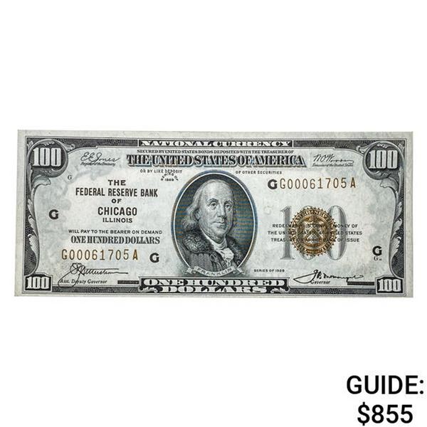 1929 $100 FRBN CHICAGO, IL ABOUT UNCIRCULATED