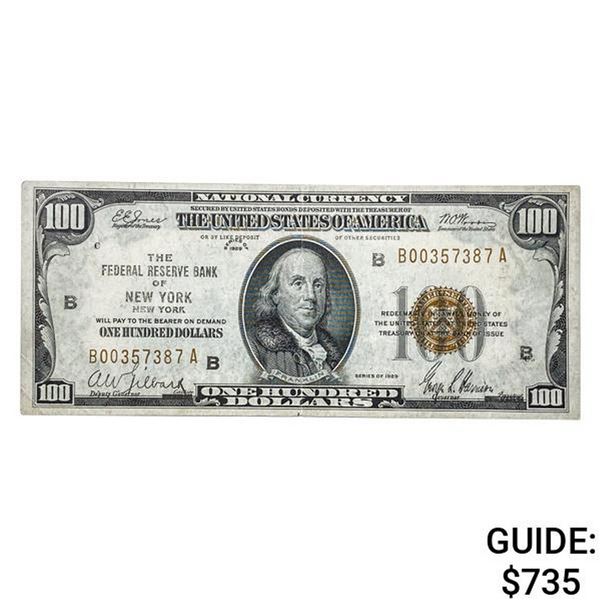 1929 $100 FRBN NEW YORK, NY ABOUT UNCIRCULATED