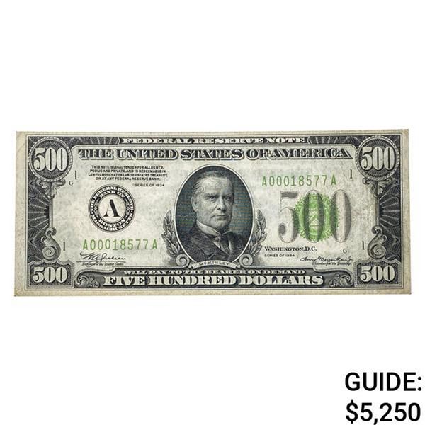 1934 $500 LIGHT GREEN SEAL FRN BOSTON, MA XF