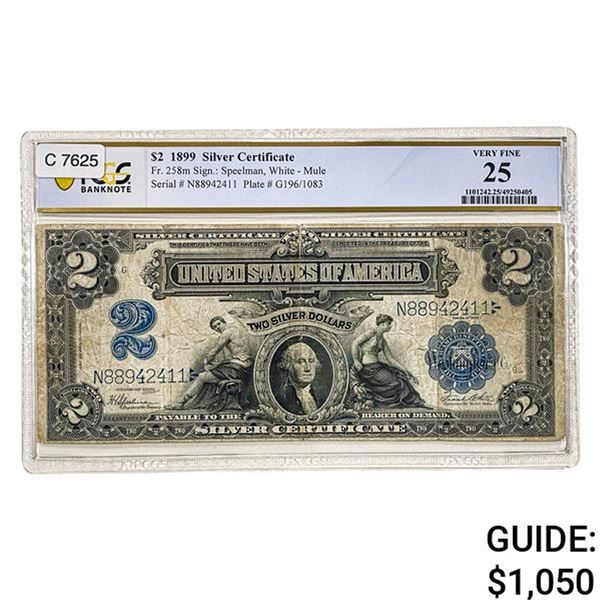 1899 $2 "MINI PORTHOLE" SILVER CERT. PCGS VF-25