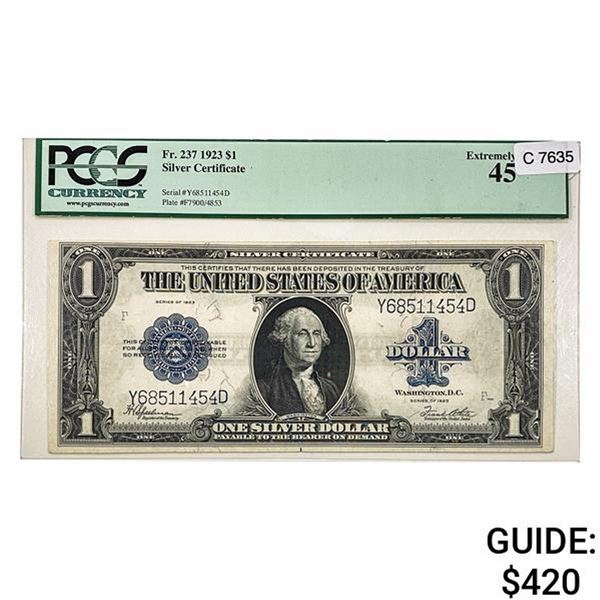 1923 $1 "HORSEBLANKET" SILVER CERT. PCGS EF-45
