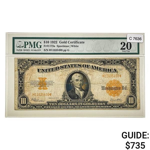 1922 $10 GOLD CERTIFICATE PMG VERY FINE-20