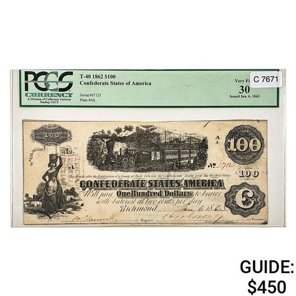 T-40 1962 $100 CSA CONFEDERATE NOTE PCGS VF-30