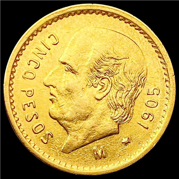 1905 Mexico Gold 5 Pesos 0.1206oz UNCIRCULATED