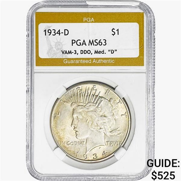 1934-D Silver Peace Dollar PGA MS63 Med "D"