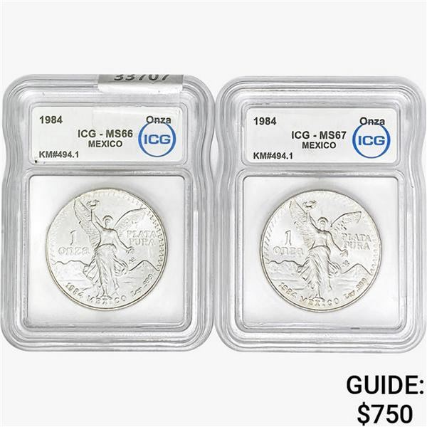 [2]1984 1oz Silver Mexico Onza ICG MS66-67