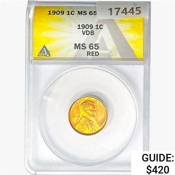 1909 VDB Wheat Cent ANACS MS65 RED