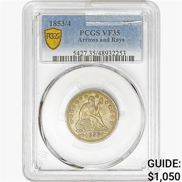 1853/4 Seated Liberty Quarter PCGS VF35 ARWS&Rays