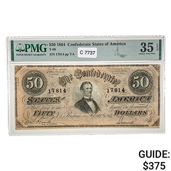 T-66 1864 $50 CSA CONFEDERATE NOTE PMG VF-35EPQ