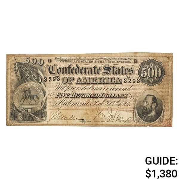 T-64 1864 $500 CSA CONFEDERATE NOTE VF+