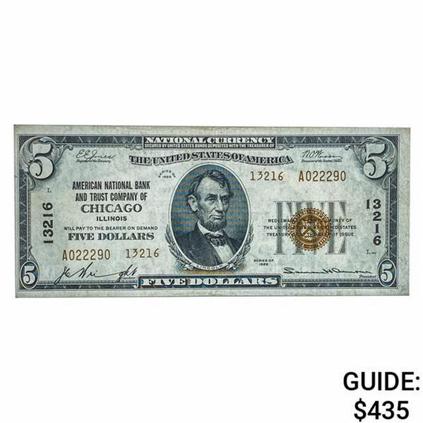 1929 $5 AMERICAN NB CHICAGO, IL CH. #13216 AU