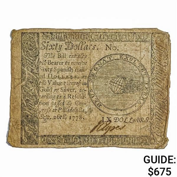 SEPTEMBER 26, 1778 $60 DOLLARS CONTINENTAL VF