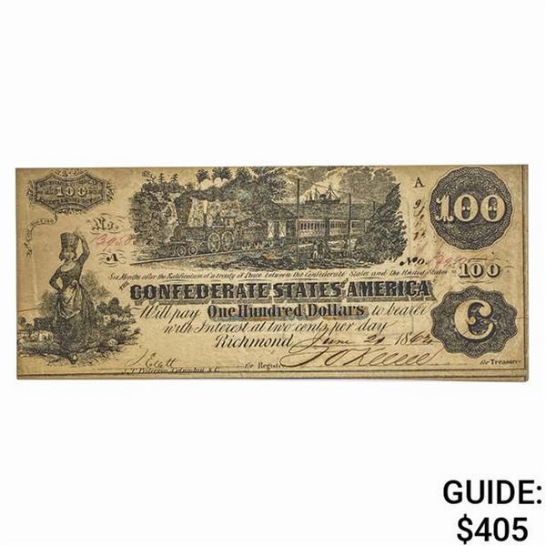 T-39 1862 $100 CSA CONFEDERATE NOTE XF
