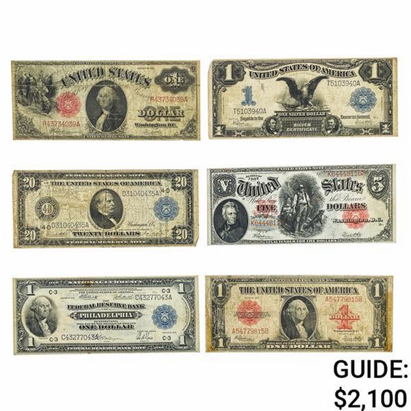 LOT OF 6 MIXED LARGE SIZE CURRENCY NOTES 1899-1923
