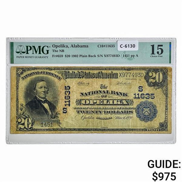 1902 $20 NB OPELIKA, ALABAMA CH. #11635 PMG F-15