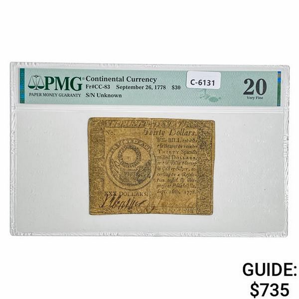 SEPTEMBER 26, 1778 $30 CONTINENTAL PMG VF-20