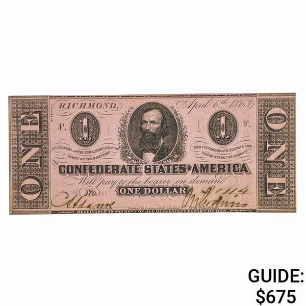 T-62 1863 $1 CSA CONFEDERATE NOTE UNC