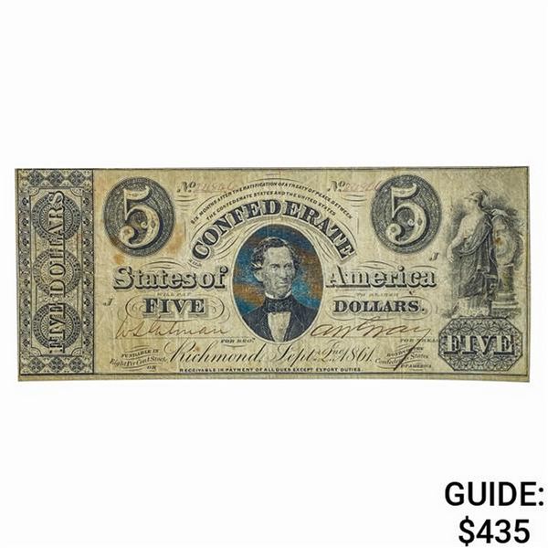 T-34 1861 $5 CSA CONFEDERATE NOTE VF