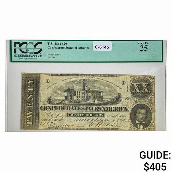 T-51 1862 $20 CSA CONFEDERATE NOTE PCGS VF-25