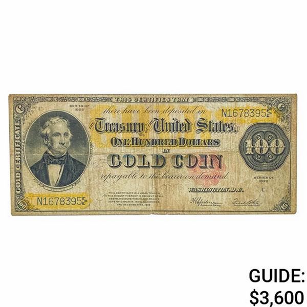 FR. 1215 1922 $100 BENTON GOLD CERTIFICATE VF