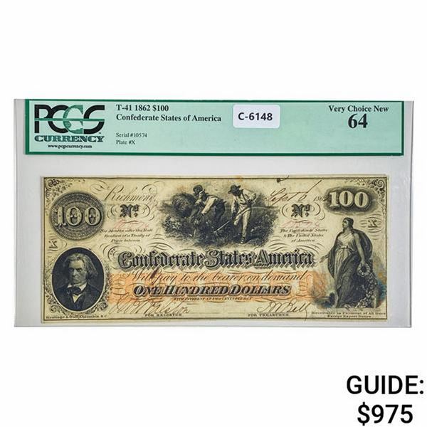 1862 $100 HOER CSA CONFEDERATE NOTE PCGS UNC-64