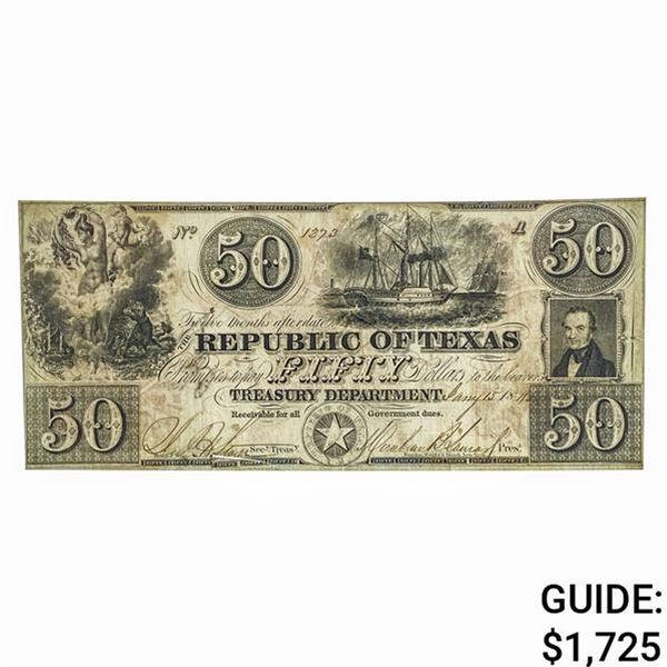 1840 $50 REPUBLIC OF TEXAS OBSOLETE NOTE VF+