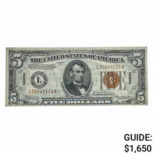 FR. 2302 1934-A $5 HAWAII FRN UNCIRCULATED