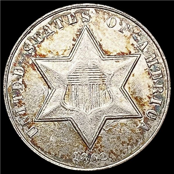 1862 Silver Three Cent CHOICE AU