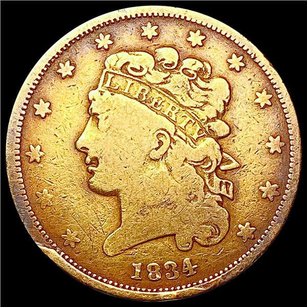 1834 $5 Gold Half Eagle NICELY CIRCULATED