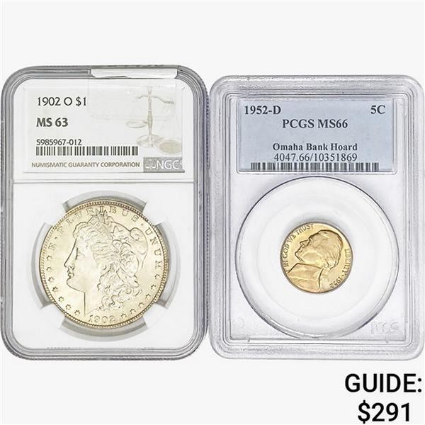 [2]1902-1952 5C Jefferson & $1 Morgan NGC/PCGS