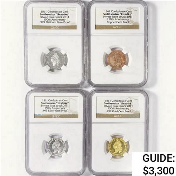 [4] 2011 Conf Restrike .25oz Gold, Silv, Plat, Copper NGC GEMPF