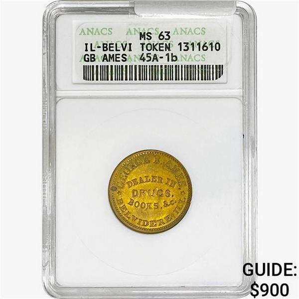 1863 IL-Belvi Token GB Ames ANACS MS63