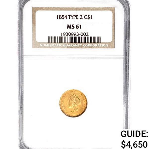 1854 Ty 2 Rare Gold Dollar NGC MS61