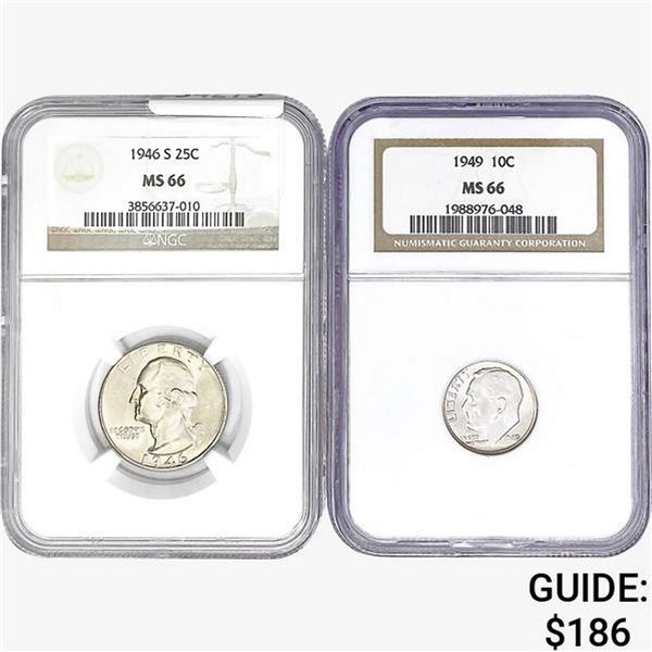 [2]1946-1949 25C Wahsington/10C Roosevelt NGC