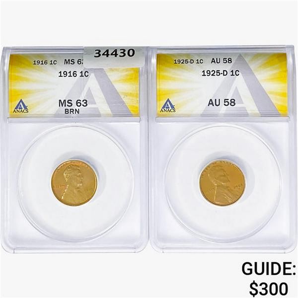 [2]1916 & 1925 Wheat Cent ANACS AU/MS58-63