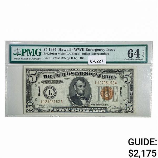 FR 2301m 1934 $5 MULE HAWAII FRN PMG UNC-64EPQ