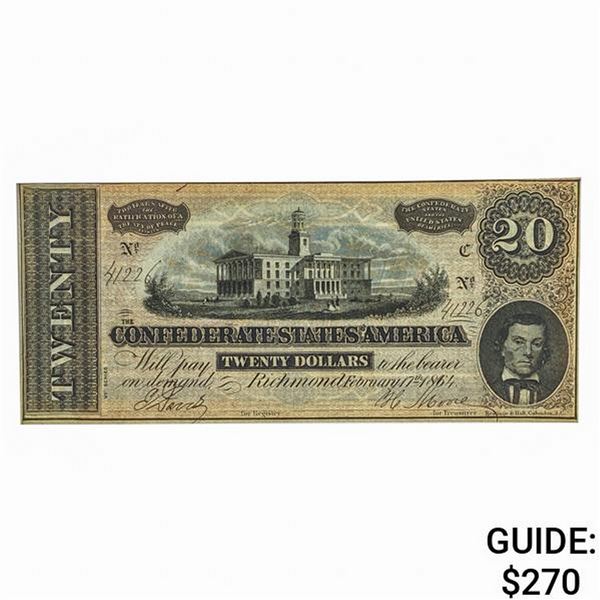 T-67 1864 $20 CSA CONFEDERATE NOTE UNC