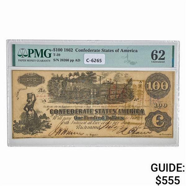 T-39 1862 $100 CSA CONFEDERATE NOTE PMG UNC-62