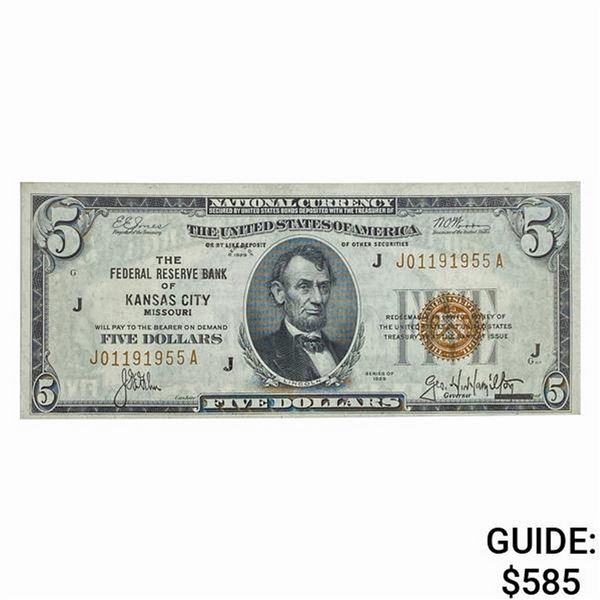 FR. 1850-J 1929 $5 FRBN KANSAS CITY, MO UNC