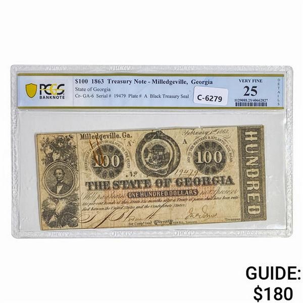 1863 $100 STATE OF GEORGIA OBSOLETE PCGS VF-25