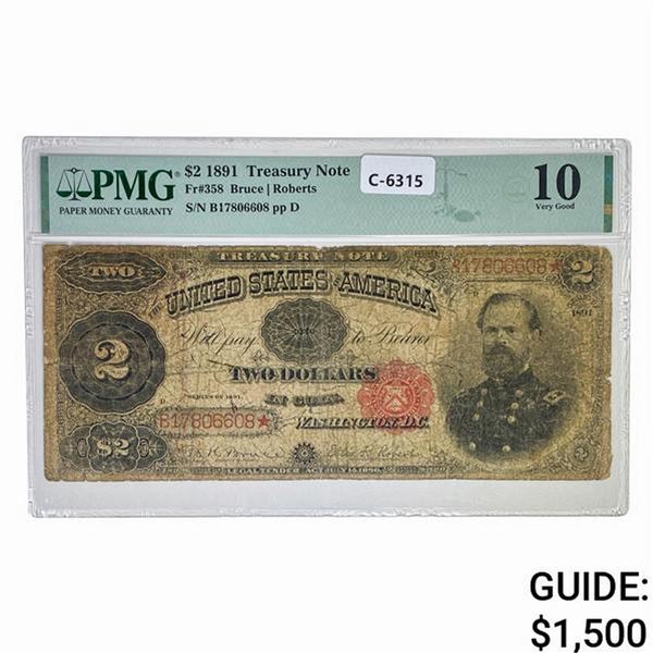 1891 $2 MCPHERSON TREASURY NOTE PMG VG-10