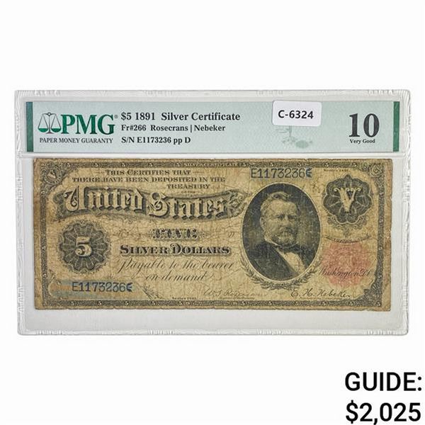1891 $5 GRANT SILVER CERTIFICATE PMG VG-10